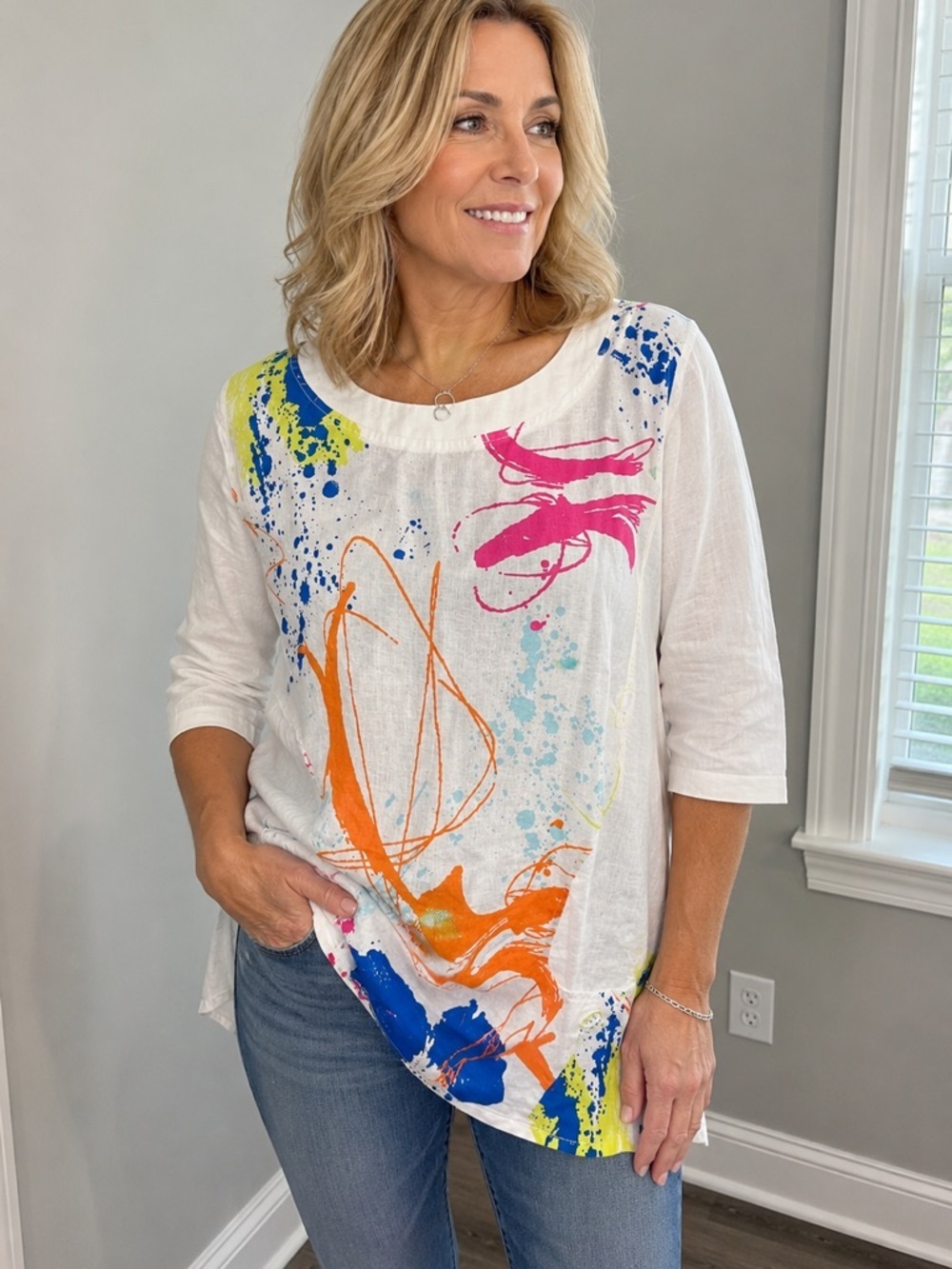 Ali Miles Linen Tunic Top Medium Colorful Artsy Lagenlook Abstract Boho